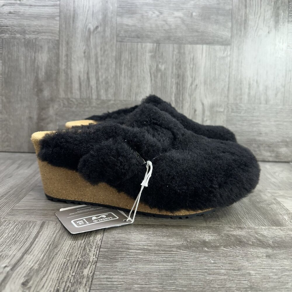 Papillio Fanny Wedge Clogs Womens‎ 7 Black Shearling Cork Platform NEW